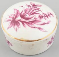 Hollóházi virágmintás porcelán bonbonniere, kopott, jelzett d: 7 cm