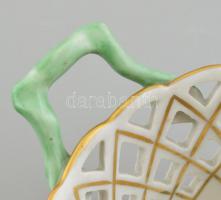 Herendi petrezselyem mintás áttört porcelán kosár. Kézzel festett, jelzett, hibátlan. d: 13 cm