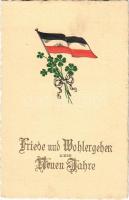 1914 Friede und Wohlergehen zum Neuen Jahre! / WWI German military propaganda with New Year greetings, flag and clovers. Emb. litho