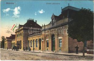 Miskolc, Gömöri pályaudvar, vasútállomás, magyar zászló. Vasúti levelezőlapárusítás 46. sz. - 1915. (EK)