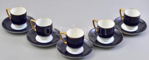 Rosenthal kávéscsésze aljával (5db), kobaltkék, kopott aranyozással, jelzett, m: 7 cm, d: 11 cm