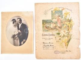 1937 Esküvői litho emléklap és fotó, 2 db, sérülésekkel