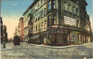 1916 Torun, Thorn; Breitestrasse, Bachestrasse, Photo Atelier Carl Bonath / street view, corner, tram, publishers shop (EK)