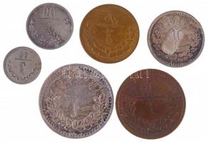 Mongólia 1925. 5m Br + 50m Ag + 1T Ag + 1927. 5m Al-Br + 1937. 10m Cu-Ni + 20m Cu-Ni T:2,2- karc 
M...