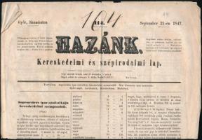 1847 Hazánk c. kereskedelmi és szépirodalmi lap, szerk.: Kovács Pál, 1847. szept. 25 száma, Sopron és Győr városát érintő írásokkal, hajtásnyommal, szakadással, kissé foltos