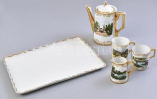 Victoria jelzett cseh porcelán kávézó lészlet két csészével - 5 db-os Hévíz-gyógyfürdő anzix képek díszítéssel XX. század eleje. Részben kézzel festett, jelzett, kopott. Tál mérete 16x22 cm