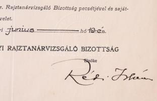 1934 F. Antal Elemér (1896-1995) festőművész iparostanonciskolai rajztanítói oklevele, rajta Rét Ist...