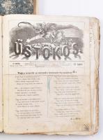 1863-1864 az Üstökös (szerk.: Jókai Mór) 15 és16. évfolyama II és I. félév erősen hiányosan két kötetben, érdekes írásokkal, sérült vászonkötésben,