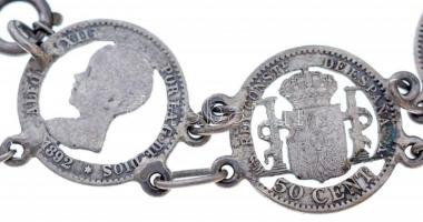 Spanyolország 1880-1904. 50c Ag (7db, áttörve) + 1P Ag (áttörve) karkötővé alakítva (br. 20,12g) T:2...