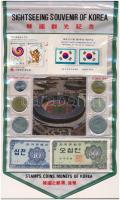 Dél-Korea 1983-1988. 1W - 500W (6xklf) + 1962. 10j + 50j valamint két darab bélyeg blokk, zászló formájú műanyag tokban T:1-,I South Korea 1983-1988. 1 Won - 500 Won (6xdiff) 1962. 10 Jeon + 50 Jeon and two stamp block in flag shaped plastic case C:AU,UNc