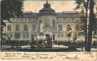 1904 Baden bei Wien, Bade- u. Heilanstalt im Curpark / spa, bath, fountain. Verlag Ferd. Mohr (worn corners)