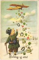1935 Boldog Újévet! / New Year greeting art postcard with pig, airplane, horseshoes and clovers. L&P 2869.