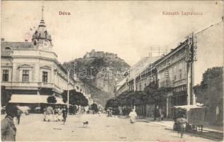 Déva, Kossuth Lajos utca, vár, Fehér Kereszt szálloda, Hirsch Testvérek üzlete. Laufer Vilmos kiadása / street view, castle ruins, hotel, shops (EK)