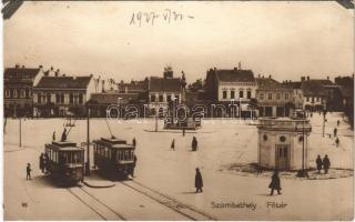 1927 Szombathely, Fő tér, villamos, Deutsch József és Társa üzlete. Dukesz Jenő kiadása (ragasztónyom / glue marks)