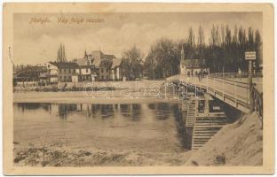 1916 Pöstyén, Piestany; Vág folyó, híd, kápolna, Lassan hajts tábla / Váh river bridge, chapel (ázott / wet damage)