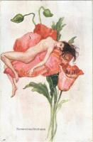 1923 Sommernachtstraum / Erotikus meztelen hölgy pipacson / Erotic nude lady on poppy flower. B.K.W.I. 165-3. (fl)