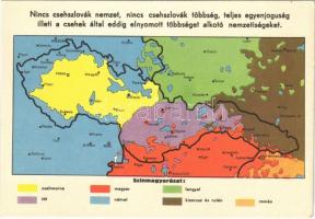 Nincs csehszlovák nemzet, nincs csehszlovák többség, teljes egyenjogúság illeti a csehek által eddig elnyomott többséget alkotó nemzetiségeket. A Magyar Nemzeti Szövetség kiadása / Hungarian Anti-Czechoslovak propaganda, irredenta map (EK)