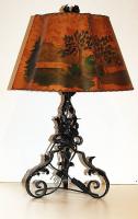 cca 1900 kovácsoltvas asztali lámpa festett bőr búrával (a búrán fölül szakadások) 60 cm magas