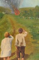 Jelzés nélkül: Tűz a távolban. Olaj, vászon. Kissé sérült (festék lepergéssel). 52x35 cm