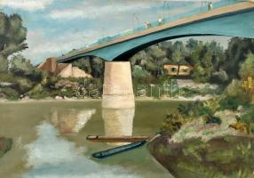 Jelzés nélkül: Híd a folyó felett. Olaj, karton. 33x46,5 cm.