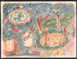 Vöröss Tibor (1911-1999): Karácsonyi asztal. Akvarell, papír, jelzett. Lap tetején apró szakadással. 24,5×33 cm