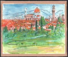 Vöröss Tibor (1911-1999): Firenze látképe. Vegyes technika, papír, jelzett. Kartonra kasírozva. 23,5×29 cm