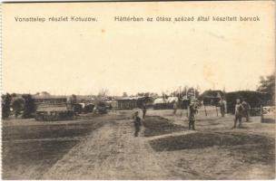 Vonattelep részlet Kotuzow. Háttérben az utász század által készített barakk. Kiadja a M. kir. 10. honvéd gyalogezred / WWI Austro-Hungarian K.u.K. military, field railway near Kotuziv (Ukraine), military barracks (fl)