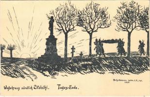 Wegekreuz nördlich Stolniki. Tages-Ende / WWI German military art postcard, soldiers graves s: Schellmann