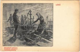 Lódz, Grzebanie poleglych / Leichenbestattung / WWI Polish military art postcard, burying the fallen (EK)