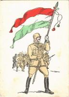 Magyar katonák zászlóval. Kiadja a Defhe Aradi Temesi Bánság / WWII Hungarian military art postcard, Hungarian flag (EK)