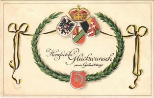 1916 Herzlichen Glückwunsch zum Geburtstage / WWI Austro-Hungarian K.u.K. military art postcard, Central Powers propaganda with coat of arms. Emb. litho (apró lyuk / tiny pinhole)