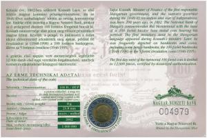 2002. 100Ft Ni-Cu-Zn "Kossuth" elsőnapi veret sorszámozott díszlapon T:1 Adamo FOEM1