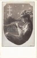 1931 Cserkész kürttel. A Magyar Cserkészszövetség kiadóvállalata / Hungarian boy scout art postcard, boy scout with horn s: Mátis (EK)