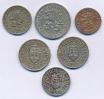Csehszlovákia 1921. 20h Cu-Ni + 1924. 1K Cu-Ni + 1925. 10h Br + Szlovákia 1940-1941. 1K Cu-Ni (2xklf...