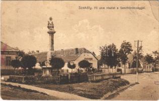 1936 Szakály, Fő utca, Szentháromság szobor, Hangya üzlete. Neuvelt Lajos fényképész kiadása (EB)
