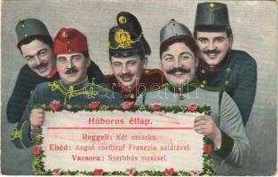 1914 Háborús étlap. Reggeli: két muszka. Ebéd: Angol rostbeaf Francia salátával. Vacsora: Szerbhús rizzsel / WWI Austro-Hungarian K.u.K. military, war menu, humour. O.K.W. 349. (EK)