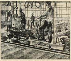 Maurer Dóra (1934) Fűrészipari vállalat üzeme. Rézkarc, papír, jelzett, keretben. 24x29 cm