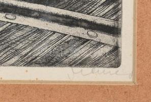 Maurer Dóra (1934) Fűrészipari vállalat üzeme. Rézkarc, papír, jelzett, keretben. 24x29 cm