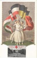 Offizielle Karte für Rotes Kreuz, Kreigsfürsorgeamt Kriegshilfsbüro Nr. 217. / WWI Austro-Hungarian K.u.K. military art postcard, Central Powers propaganda with ladies and flags (EK)