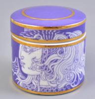 Hollóházi Szász Endre által tervezett mintával díszített tégely, lila színben, matricás, jelzett, minimális kopással, m: 5,5 cm