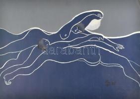 Nagy Lajos (1956-): Alakok (erotikus kép). Vegyes technika, kollázs, papír, jelzett. Lap sarkaiban törésnyomokkal. 50x70 cm