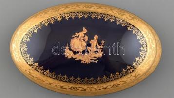 Limoges porcelán cukordoboz, Aranyozott, kék festéssel. Jelzett, minimális kopással 16x10 cm