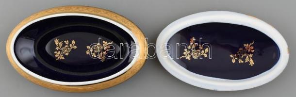 Limoges porcelán cukordoboz, Aranyozott, kék festéssel. Jelzett, minimális kopással 16x10 cm