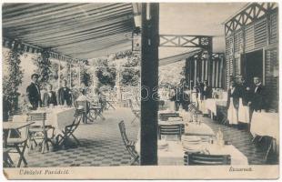 1909 Parád, Étcsarnok fedett terasza, pincérek (ázott / wet damage)