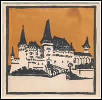 Kós Károly (1883-1977): Vajdahunyadi vár, színes linómetszet, papír, jelzett a linón, paszpartuban, ...