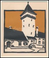 Kós Károly (1883-1977): Utcakép, színes linómetszet, papír, jelzés nélkül, paszpartuban, 14×12 cm