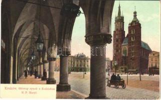 Kraków, Krakau, Krakkó; Glówny rynek z Kosciolem N.P. Maryi / main square, tram, church, horse-drawn carriage (EK)