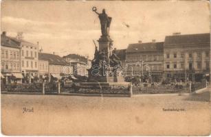 Arad, Szabadság tér, szobor, szobafestő, Weigl Adolf és Társa, Schwarz testvérek üzlete, Aradi Kereskedők Köre / square, statue, shops (fl)