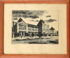 Gönczi Béla (1934-): Tanácsháza. Rézkarc, papír, jelzett. Üvegezett fa keretben. 19,5×29 cm
