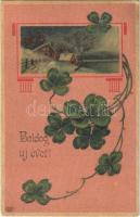 1911 Boldog újévet! Szecessziós lóherés / New Year, Art Nouveau clovers. EAS litho